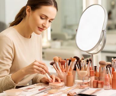 Laura, make-up artist, mentre prepara tonalità naturali su una postazione professionale